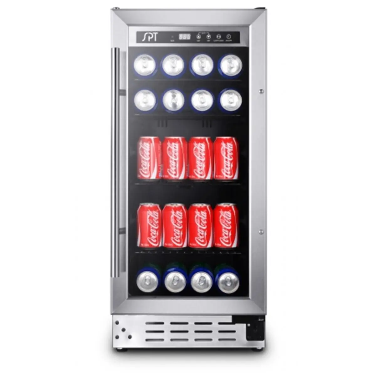 SUNPENTOWN BC-92US Commercial Grade Beverage Cooler - 92-Can Capacity, 11.5w x 17d x 24.75h in, 115v, Tempered Glass, Digital LED Display, Silent, Auto Defrost, Reversible Door, Undercounter Fit for Game Room Watch Party