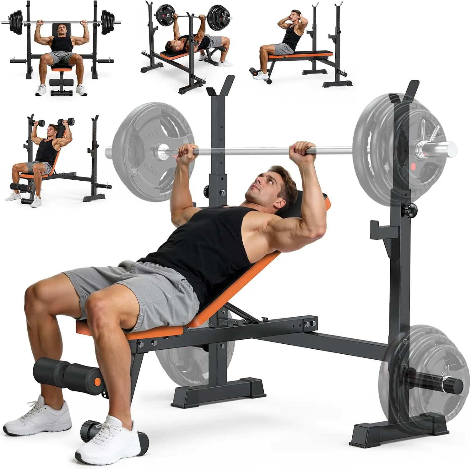 Hapsor Unisex Adjustable Heavy-Duty Weight Bench with Barbell Rack, Inclined Seat, Steel Frame, 770LB Capacity, Flat Positions, Removable Foot Catch, Olympic Bench Press Station for Home Gym Strength Training