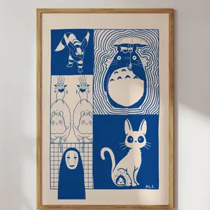 Studio Ghibli Wall Art Set of 4 Totoro and Spirited Away Graphic Art Decor Best Anime Movies Poster Room Gift For Him Her Abstract Face Design Illustrations Print