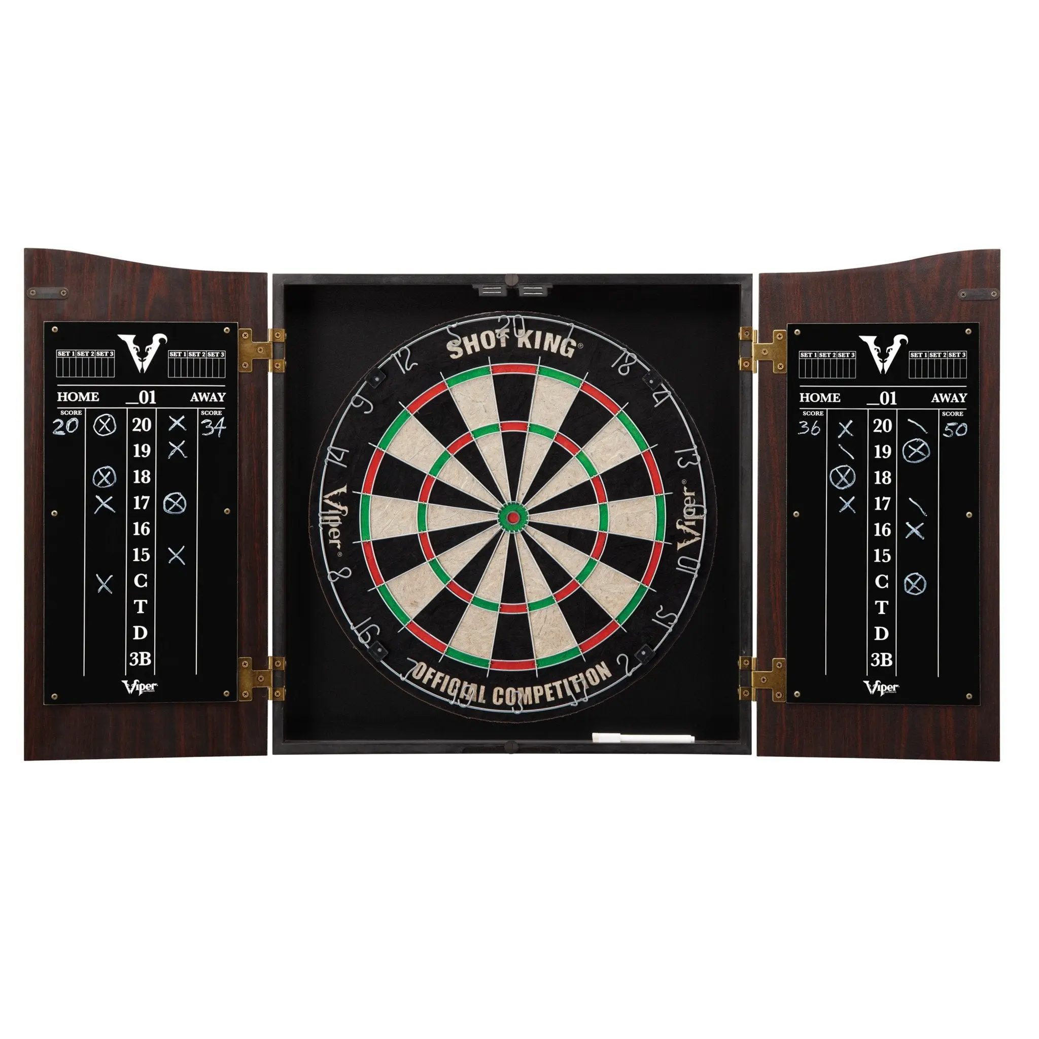 [OPEN BOX]  Viper Vault Dartboard Cabinet with Shot King Sisal Dartboard Patina Bronze Hinges Dry Erase Scoreboards