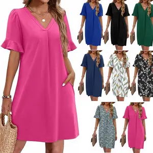 Women's Sexy V-Neck Flare Sleeve Mini Dress - Basic Casual Wear Lady Clothes, Short-Sleeve Option for Summer Party,summervibes