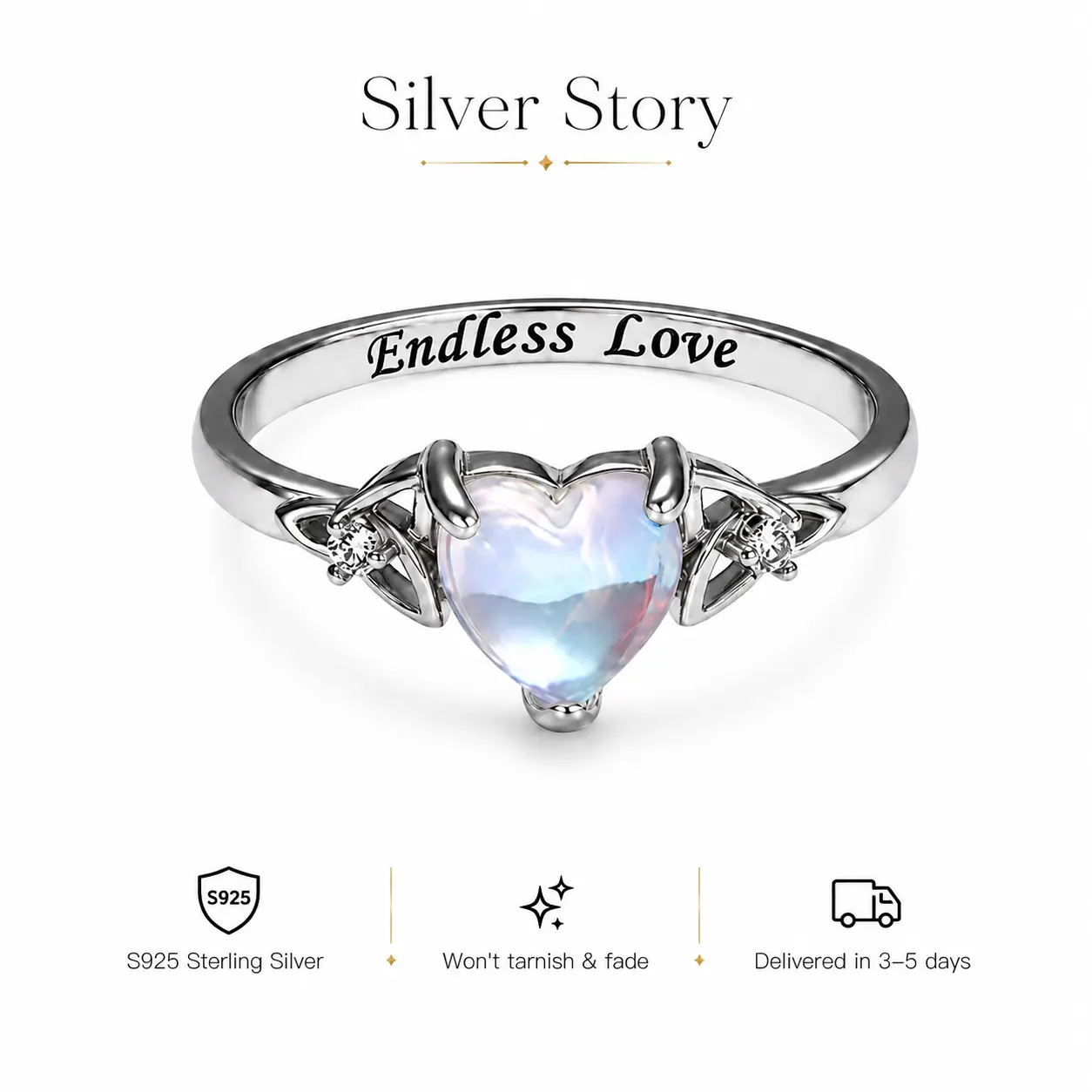 925 Heart Synthetic Moonstone Celtic Ring with 'Endless Love' Engraving, Elegant and Romantic Moon Knot Ring Women's Jewelry for Lover, Perfect Gift for Girls, Engagement Wedding Ring, for Daily Wear and Party, Christmas Gift