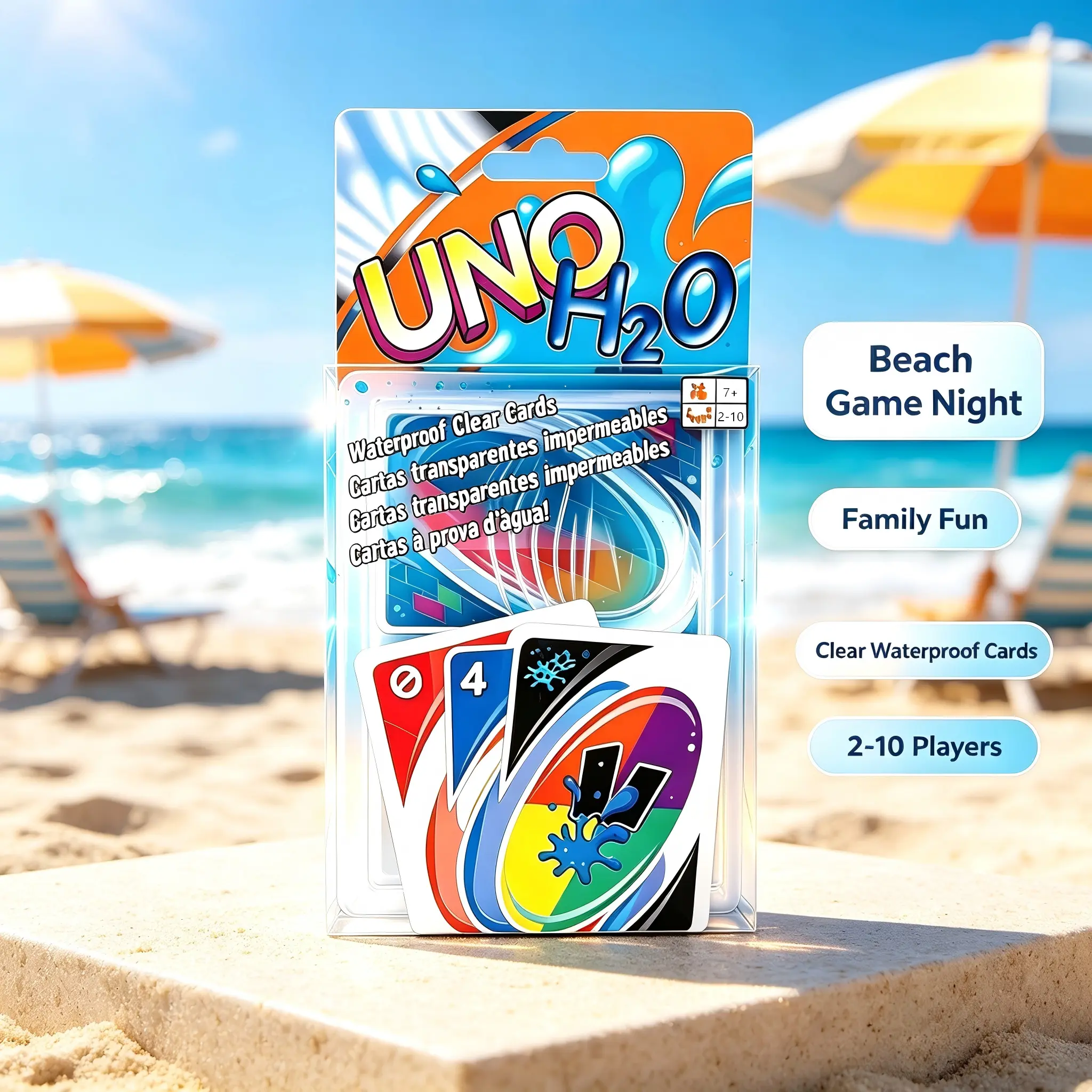 UNO H2O Waterproof Clear Plastic Cards 1 Pack Tear Resistant Transparent Card Game For Pool Beach Hot Tub Summer Family Party 2-10 Players Ages 7+