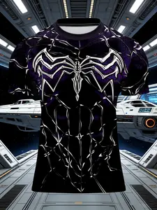 Men's 3D Printed Compression Training Shirt, High Stretch Quick Dry Polyester, Spider Pattern, Fitted Round Neck Short Sleeve