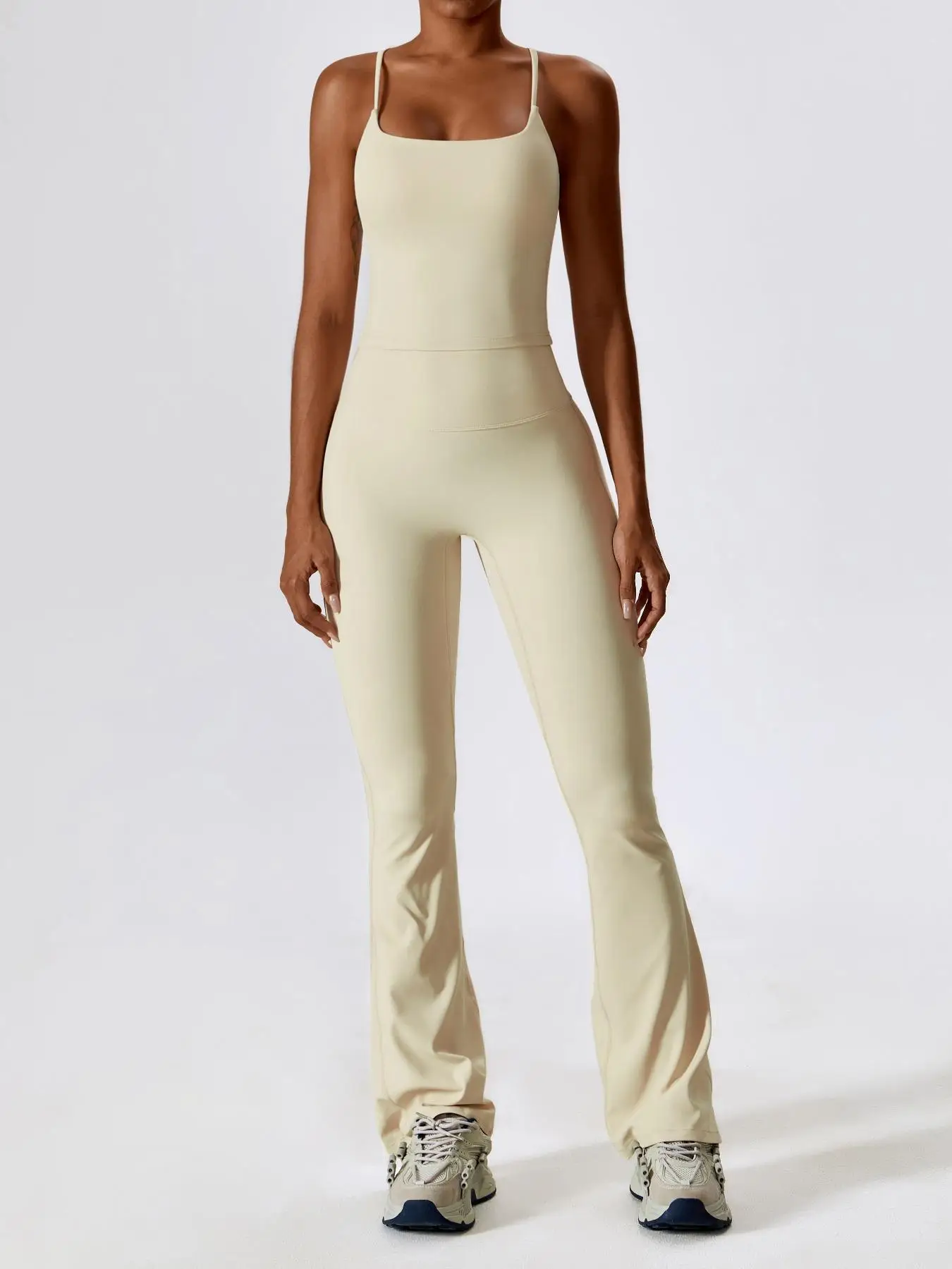 Women's Solid Criss Cross Backless Cami Top & Flare Leg Pants Tracksuit Set, Ruched Sleeveless Spaghetti Strap Leisure Wear Top & Trousers, Ladies Spo