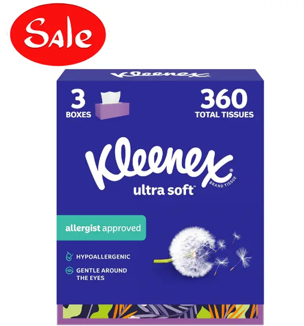 Kleenex Ultra Soft 3-Ply Facial Tissues, 3 Flat Boxes (120 per Box, 360 Total), Packaging May Vary