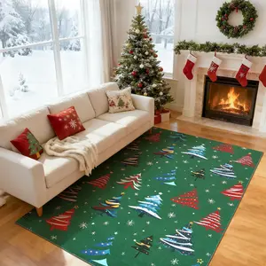 Green 5x7 Washable Rug for Home Decor,Indoor Non Slip Carpet,Soft Low Pile Christmas Rugs with Xmas Tree Motif for Entryway,Living Room,Bedroom