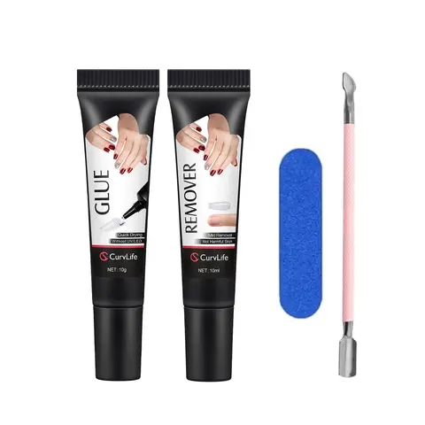 CurvLife Semi-Solid Nail Glue & Remover Kit – 10g Strong-Hold Press-On Nail Glue with 10ml Nail Glue Remover, Nail Buffer and Cuticle Pusher, Easy Apply, No UV Lamp Needed, Quick-Dry, Beginner-Friendly Kit for Press-On Nails