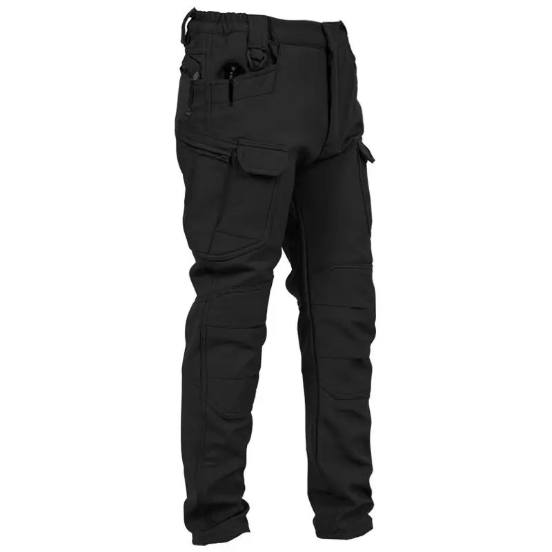 Men’s solid-color softshell tactical cargo pants with multiple pockets, wear-resistant and windproof, long outdoor hiking and combat work trousers