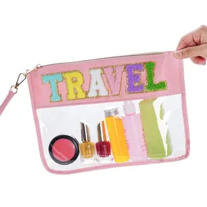 Chenille Letter Clear Cosmetic Bag Preppy Pink Large Capacity Waterproof Toiletry Snack Travel Pouch for Women Girls Multi-Functional Use Zipper Closure