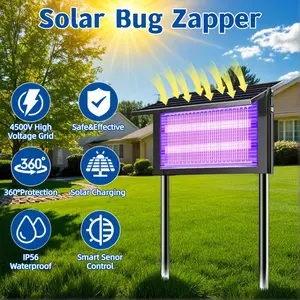 Solar Bug Zapper Outdoor, 4500V Mosquito Zapper Waterproof with Panel Sensor Electric Fly Zapper Rechargeable Mosquito Killer with 10FT Extension Cord, Fly Trap Ideal for Patio, Backyard, Camping eliminator ,dual charging