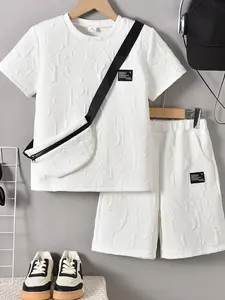 Three-piece Set Boy's Letter Pattern Co-ord Set, Casual Short Sleeve T-shirt & Shorts & Crossbody Bag, Summer Clothes for Kids, Clothing Sets