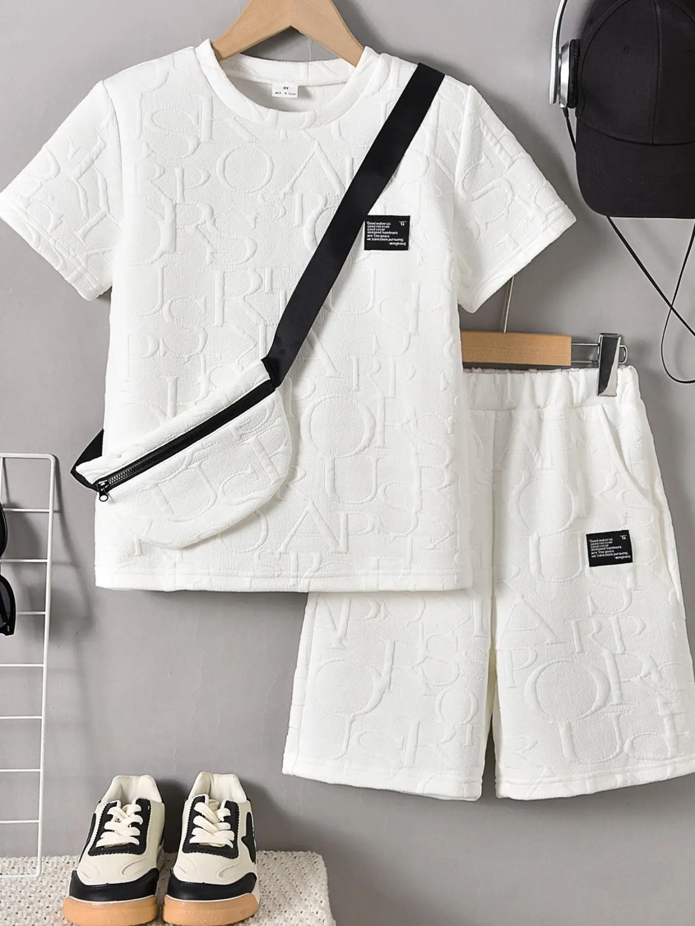 Three-piece Set Boy's Letter Pattern Co-ord Set, Casual Short Sleeve T-shirt & Shorts & Crossbody Bag, Summer Clothes for Kids