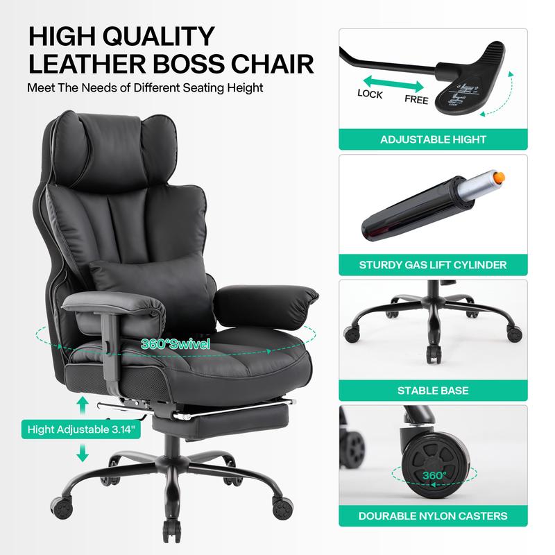Gzagdecr Big and Tall Office Chair 400lbs PU Leather High Back Gaming Chair with Foot Rest Reclining Executive Ergonomic Office Chairs Lumbar Support Computer Chair Adjustable Armrests