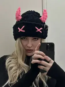 Handmade Knitted Devil Horns Hat, Thick Warm Cartoon Plush Bull Horn Cap, Fun Winter Accessory for Men & Women, Handcrafted Caps