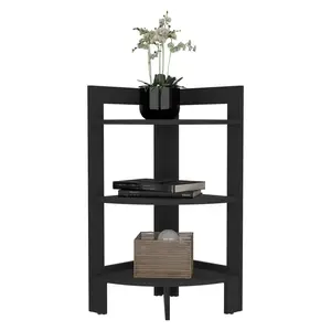 Direct Wicker DJ-B200P235866 3-Tier Corner Shelf Side Table with Tray Top, End Table, Nightstand for Small Spaces, Black
