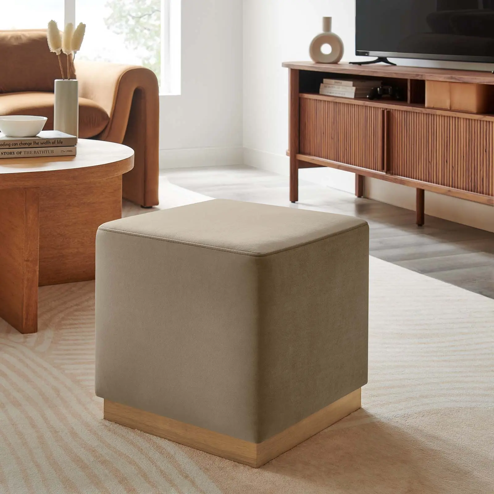 Modway Tilden 17" Square Performance Velvet Upholstered Ottoman, Taupe Natural - Modern Furniture with Padded Seat, Mini Square Living Room Decor & Padded Seat Living Room Furniture, Mini Square Living Room Furniture