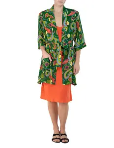 MORPHEW COLLECTION Green & Orange Dragon Novelty Print Cold Rayon Bias Kimono OS MASTERS