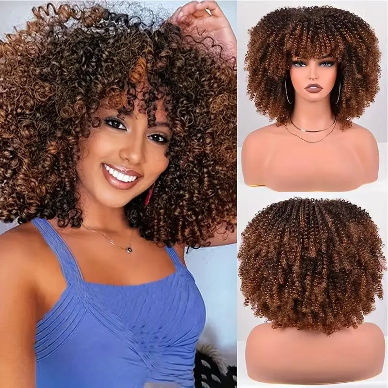 Women's 16" Soft Afro Kinky Curled Bombshell Wig - Full & Fluffy, Glueless Synthetic Hair - Natural Looking Afro Curly Synthetic Full Machine Wig for Valentine's Look, Curled Wig