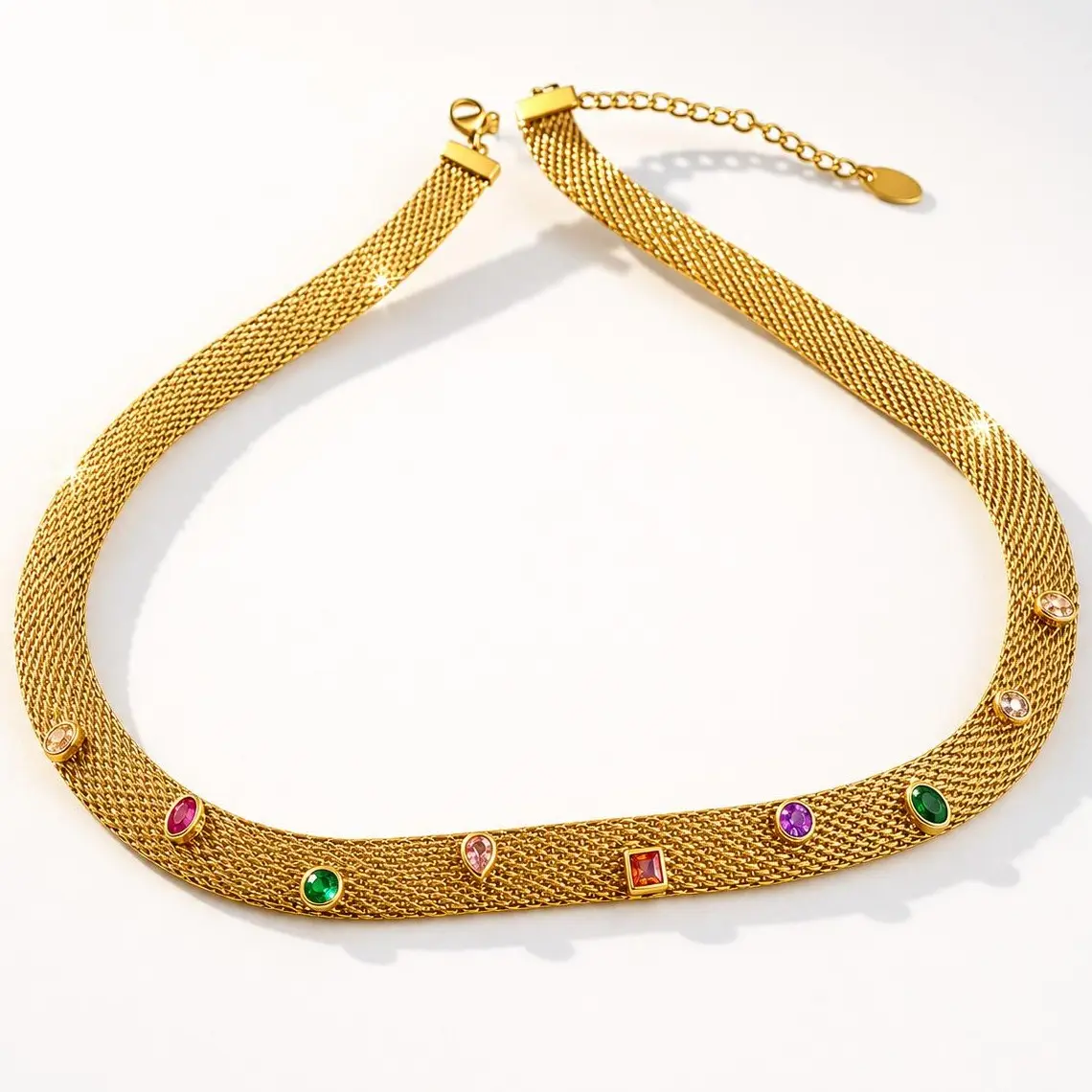 TEIKET Gold Mesh Color Stone Choker