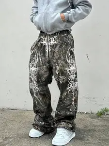 American Street Style Camo Print Casual Pants Unisex, Loose Straight Drawstring Sweatpants, Textured Camouflage Fabric, Trendy Letter Print, Casual Streetwear Trousers