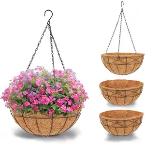 Hanging Planters (4Pcs) | Outdoor Indoor Metal Chain Baskets with Coco Liner | Round Flower Pots for Porch Balcony Garden Patio Decor