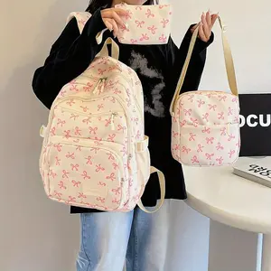 Back-To-School Backpack Set Casual with Cute Floral Patterns Gentle Japanese Style and Bow Decoration Durable Polyester Material Comfortable Design for Students
