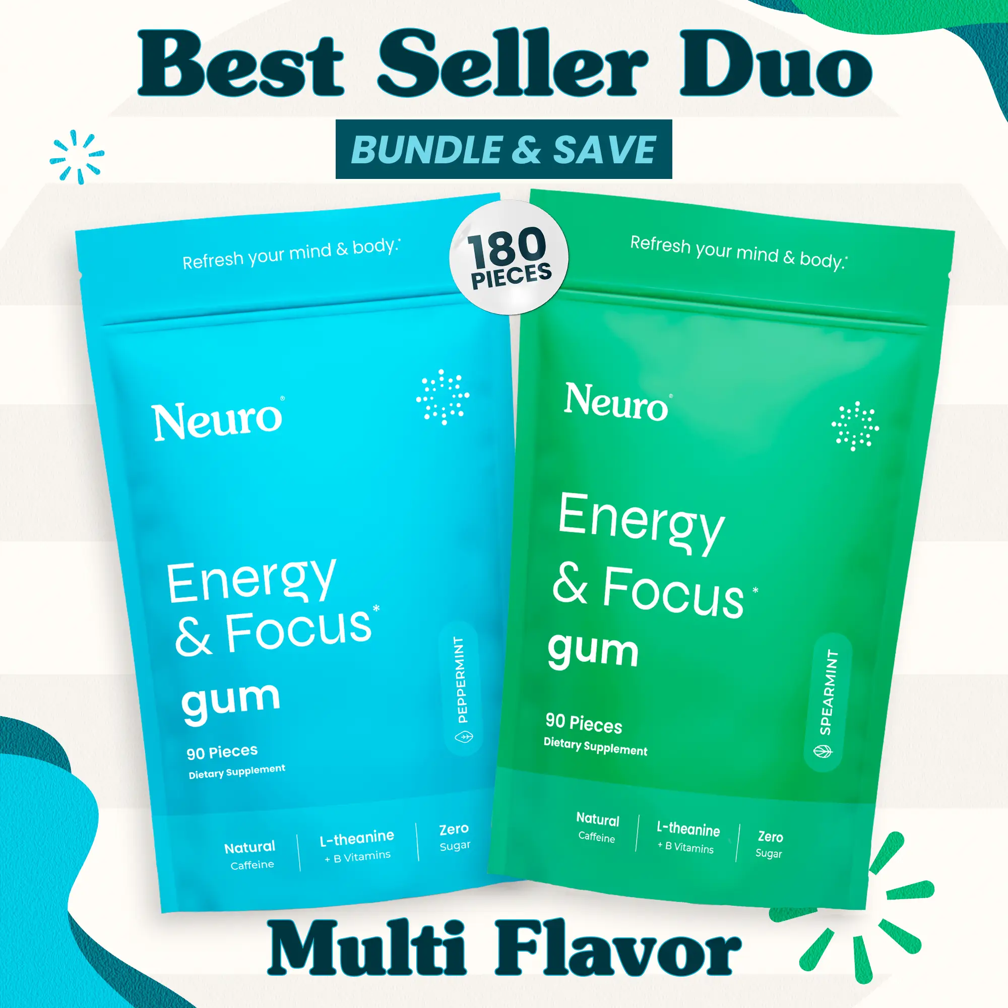 Best Seller Duo - Energy & Focus Caffeine Gum - Multi Flavor (2-Bulk Pouches)