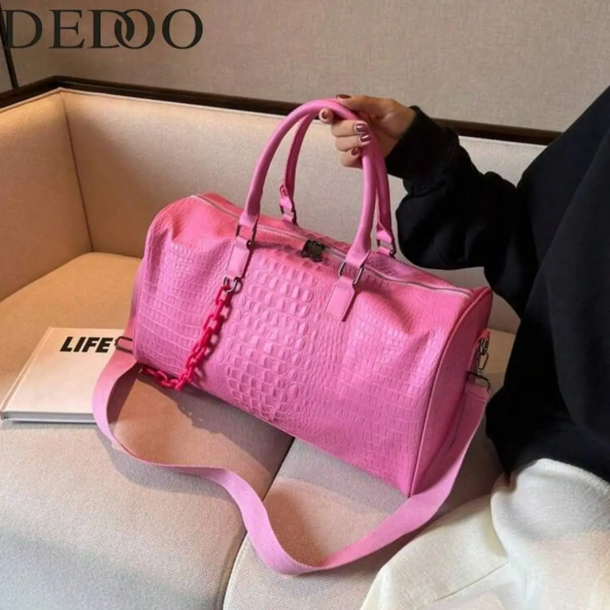 Minimalist PU Crocodile Leather Texture Travel Bag, Handbag, Large Capacity Crossbody Bag, Storage Luggage Duffel Gym Bag Suitable for Travel, Back To School
