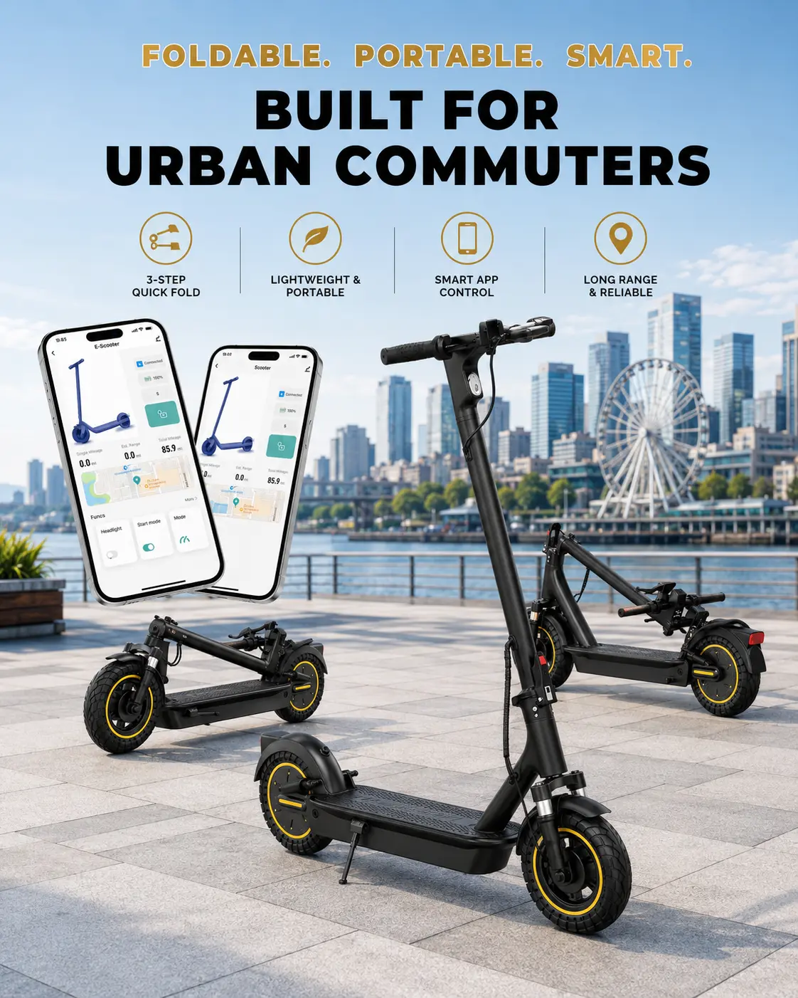 Foldable Electric Scooter for Adults, 21MPH Max Speed, 28 Miles Range, 42V 14.5Ah Long-Lasting Battery, 10 Inch All-Terrain Pneumatic Tires, 30° Hill Climb, Smart Bluetooth APP, High-Bright Night Light, Compact Portable Commuter E-Scooter