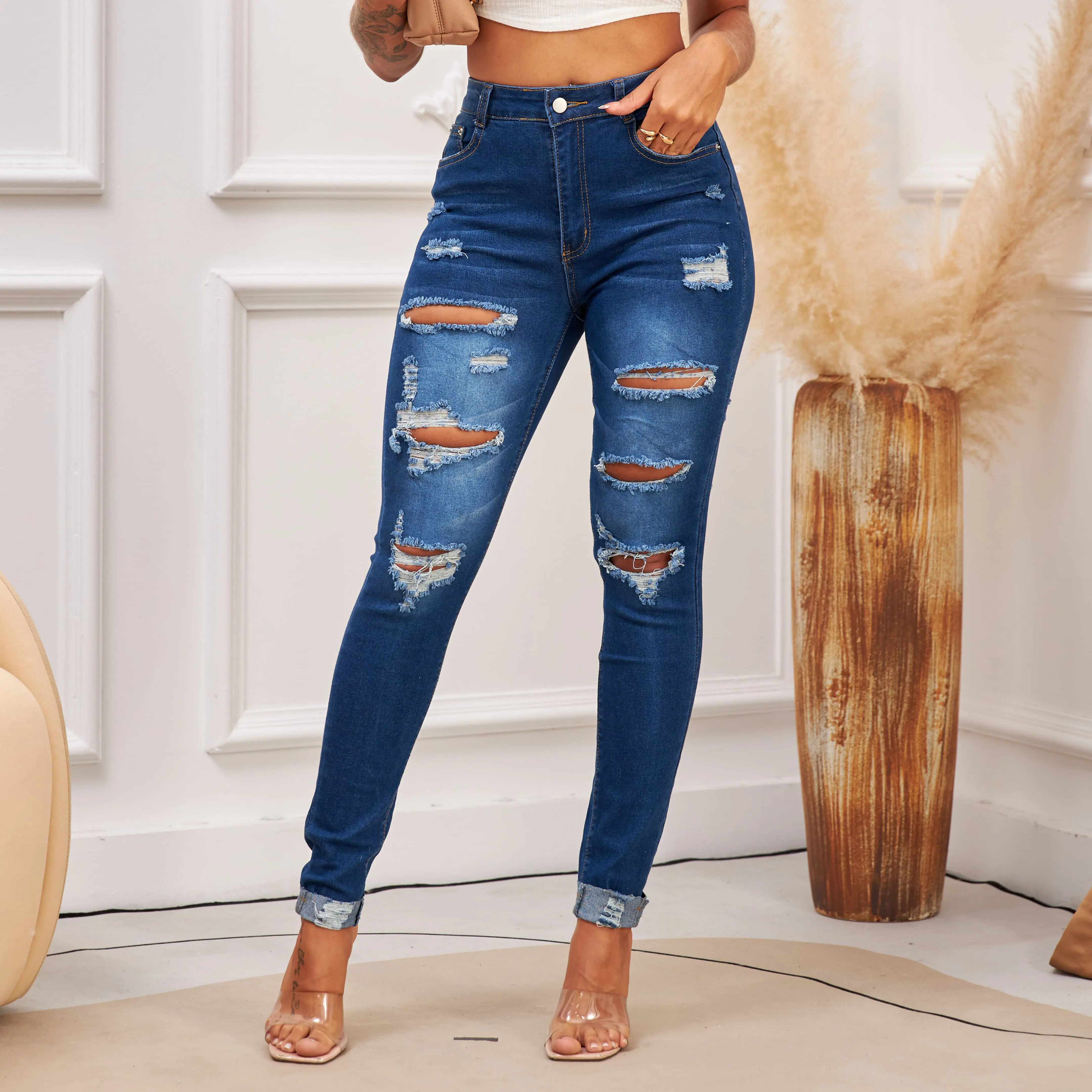 Women's Minimalist Carrot Fit Jeans, Lightweight & Breathable Stretch Viscose Denim, Mid-Rise Tapered Leg, Medium Wash, 32" Inseam, Basic, Bottom, Pants, All Seasons, Relaxed Thigh, Carrot-Leg, Casual, Comfortable, Style, Viscose Blend, Slim, Elastane