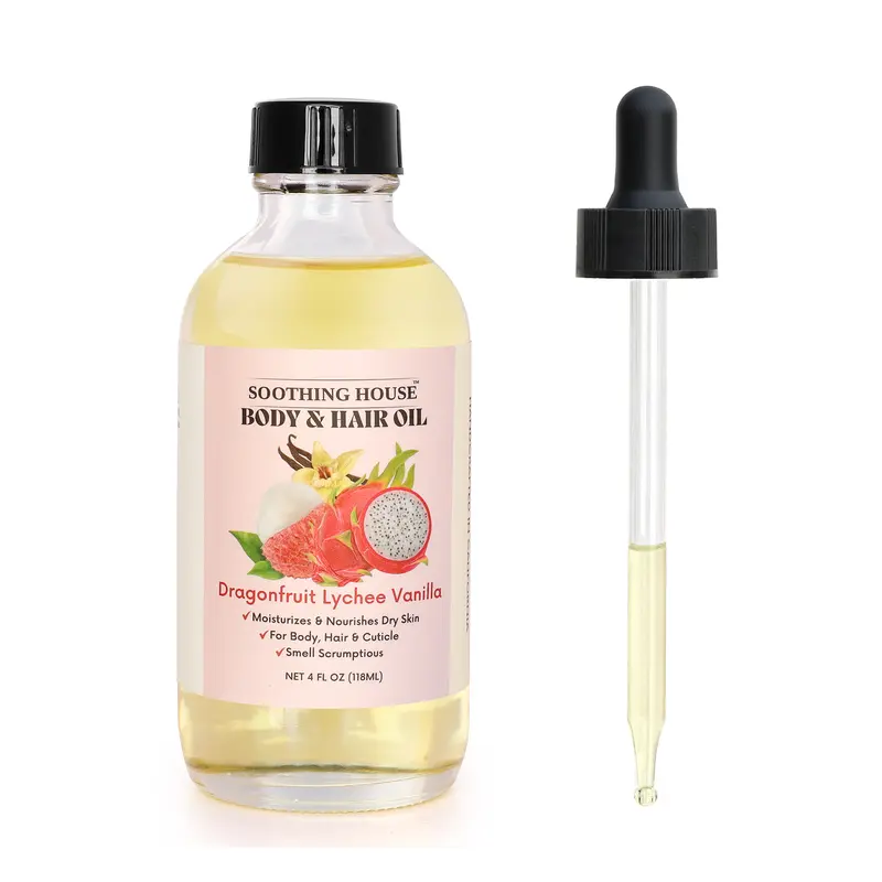 Vegan Tropical Dragonfruit-Lychee-Vanilla Scented Body Oil - 4oz Premium Nourishing, Hydrating Body Care Moisturizer, After-Shower Cuticle Care for Soft, Silky Lightweight Long-Lasting Scent