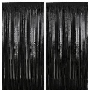 2 Pack 3.2 ft x 9.8 ft Black Tinsel Curtain Party Backdrop decorations, Metallic Foil Fringe Backdrop Door for Halloween, Christmas, Birthday Graduation Wedding Party Streamers Photo Backdrop.
