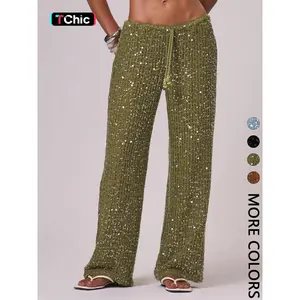 Women's Bohemian Style Beach Pants, Elegant Summer Sequined Long Trousers, Fashionable Holiday Wear, Ladies' Casual Fitted Womenswear