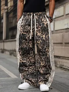 Men's Casual Sport Pants, Athleisure Style Bottoms, Adjustable Side Striped Cuffs, Drawstring Wide Leg Leopard Print Straight Long Pants, All Seasons Wear