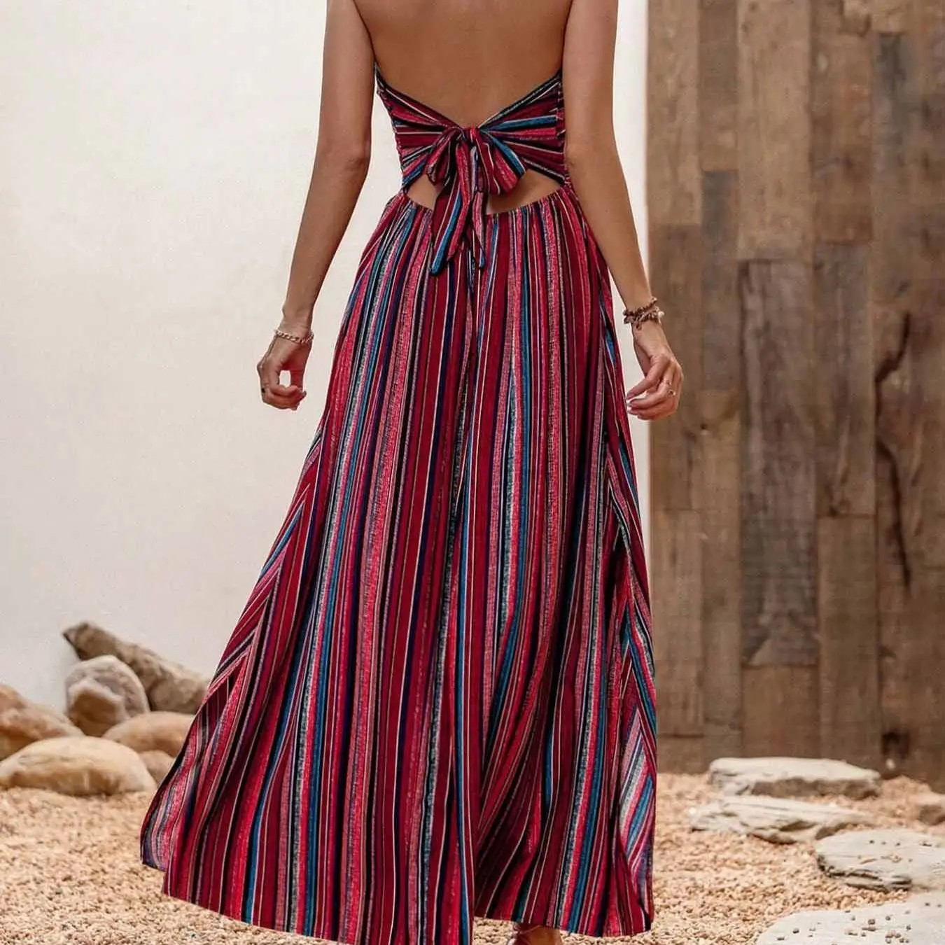 Women's Striped Print Cut Out Backless Tie Back A Line Dress, Boho Sleeveless Halter Neck Split Thigh Long Dress for Beach Holiday Vacation, Ladies Summer Clothes