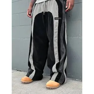 Men's Colorblock Letter Patched Drawstring Waist Corduroy Loose Straight Leg Trousers for Daily Wear All Seasons