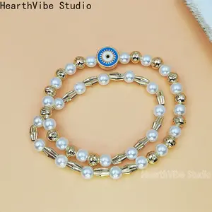 Hawaiian-Style Pearl & Flower Bracelet — Beaded Stretch Bracelet with Shell Five-Petal Flowers