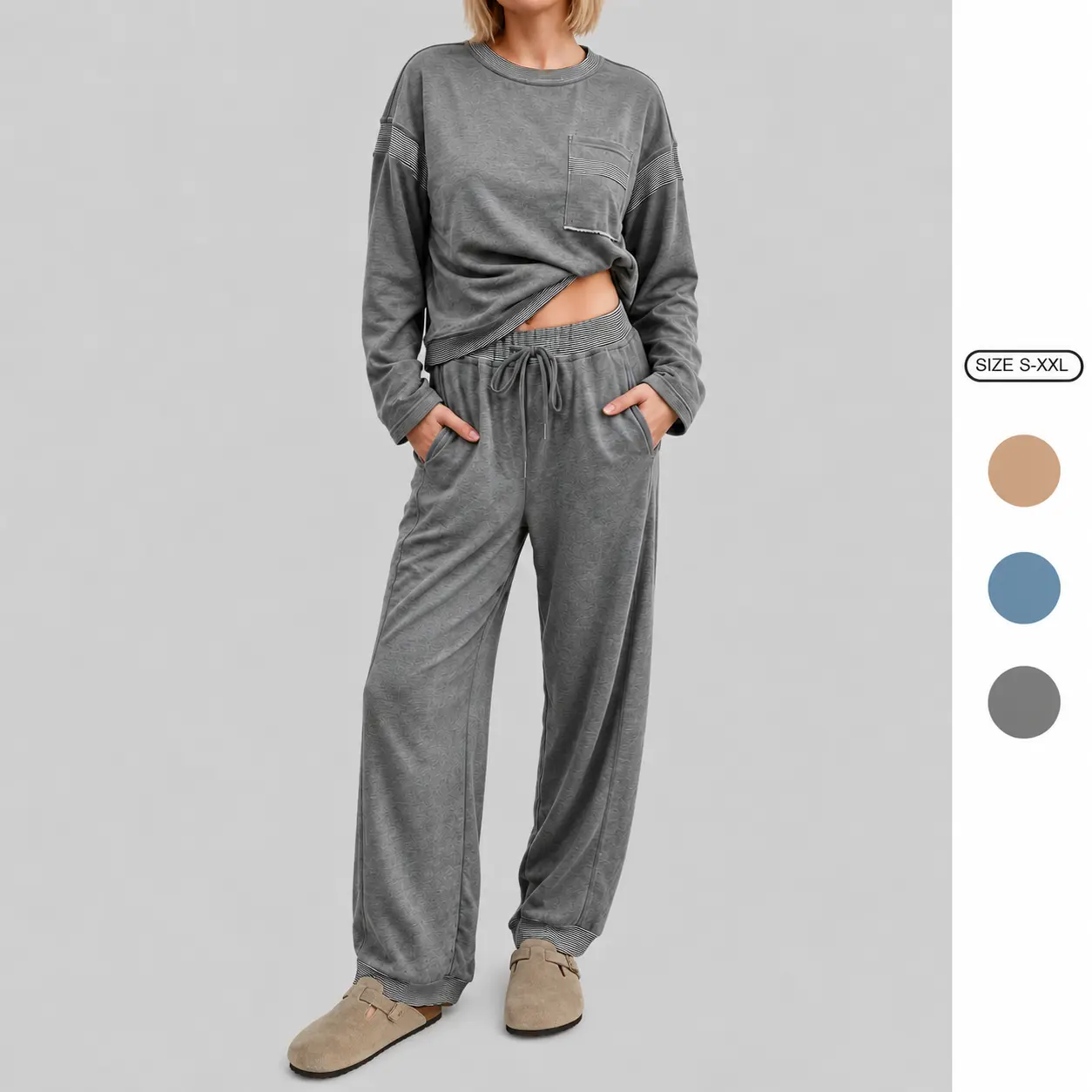Imily Bela Womens Striped Trim Loungewear Set Long Sleeve Crew Neck Top with Pocket Drawstring Jogger Pants Soft Cozy Pajama Set for Sleepwear