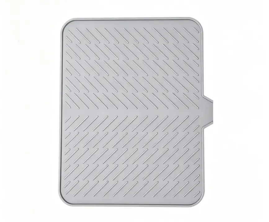 Gray Silicone Dish Drying Mat with Built-in Drainage Outlet - Practical, Foldable, Heat-Resistant, Eco-Friendly, Hygienic, Leakproof, Non-Slip, with Angled Ridges & Cup Holder Insert Draining Boards, RV Living Kitchen Countertop Organizer