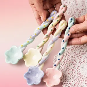 Cute Long Ceramic Spoon Set, Candy Color Glazed Cartoon Dessert Spoons, Irregular Handle Design, Fresh Dining Utensils, Ice Cream Yogurt Scoops, Dinnerware Utensils