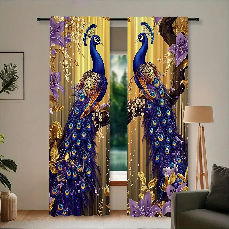 2 pieces, digital. Luxurious blue peacock and floral printed curtains. Installed using pocket rods. Suitable for living room, closet, bedroom, study, dining room and home decoration. Home Decorative Curtain Window Drapes