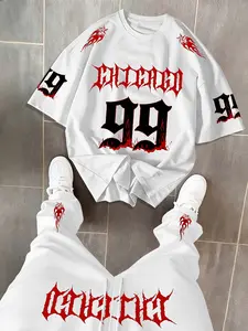 Men's Short Sleeve T-Shirt and Long Pants Set, Casual Printed Round Neck Tee with Drawstring Loose Fit Pants, Spring & Autumn Outdoor Wear, Clothes