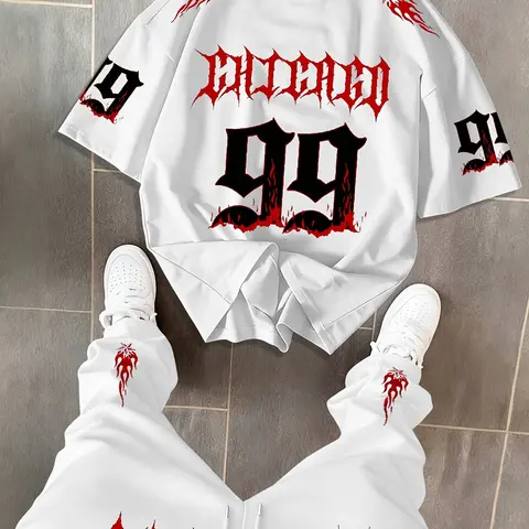 Men's Short-Sleeve Round-Neck T-Shirt and Long Pants Set, Casual Classic Graphic Printed Tee and Loose-Fit Pants with Drawstring, Outfit for Spring and Autumn, Matching Outfits Set