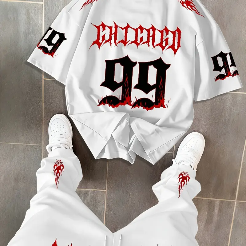 Men's Short-Sleeve Round-Neck T-Shirt and Long Pants Set, Casual Classic Graphic Printed Tee and Loose-Fit Pants with Drawstring, Outfit for Spring and Autumn, Matching Outfits Set