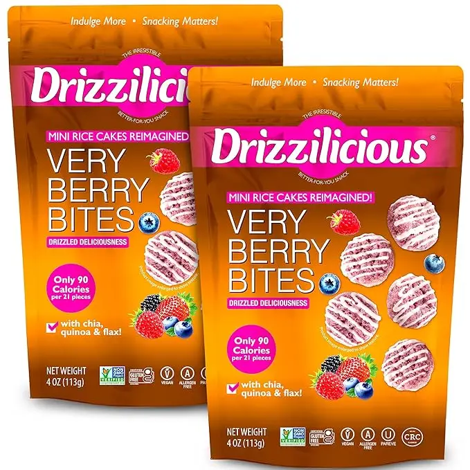 NEW! Drizzilicious Very Berry Mini Rice Cakes - Gluten-Free, Vegan, Crunchy & Healthy Snack, 90 Calories per Serving, 4 oz (Pack of 2)