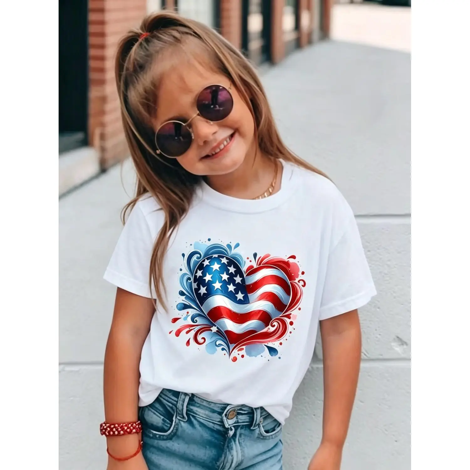 Independence Day New Summer Girl Patriotic Heart With Stars Stripes Short Sleeved T-shirt Comfy Casual Tees For Girls