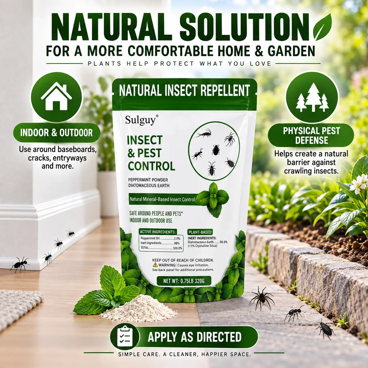 Sulguy Diatomaceous Earth Food Grade Powder with Peppermint - Crawling Insect Killer for Bed Bugs, Roaches, Ants, Fleas - Indoor & Outdoor Pest Control | Family & Pet Safe | 0.75lb
