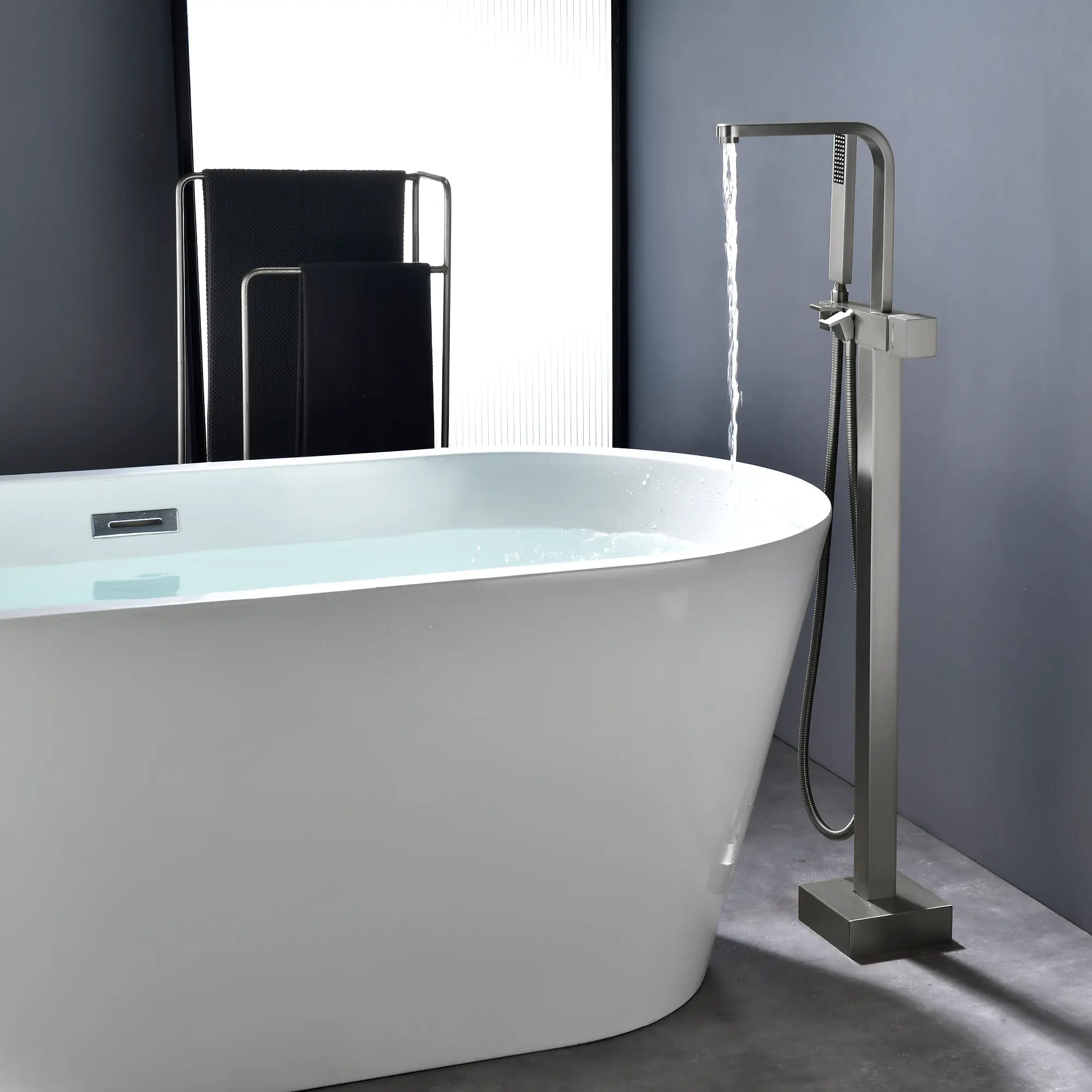 Bathtub Faucet Floor Mount Freestanding Tub Faucet with Handheld Shower 360 Degree Swivel Stand Alone Bath Tub Mixer for Bathroom in Matte Black, Brushed Nickel, Brushed Gold