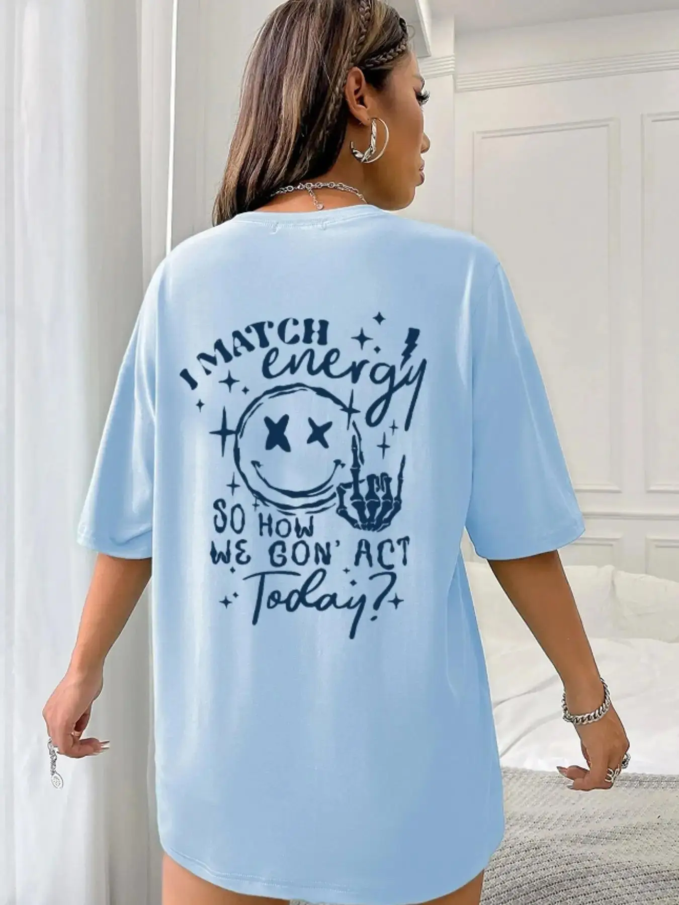 Women's Cartoon Face & Letter Print Drop Shoulder Crew Neck Tee, Summer Clothes Women, Fashion Casual Round Neck T-Shirt for Summer, Ladies Clothes fo